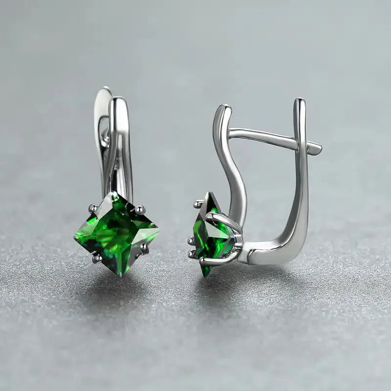 Copper earrings with diamond-design zircon inlay in blue, green, or colour options