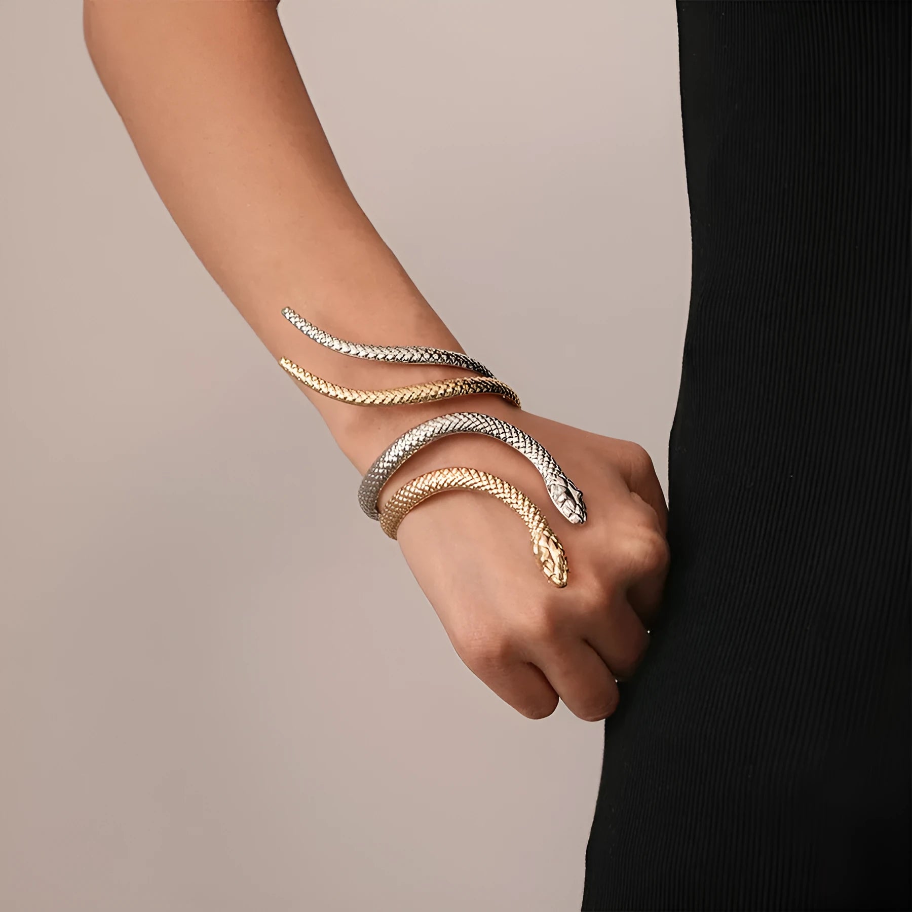 Two-piece exaggerated twisted winding simulated snakes ring and bracelet set with electroplated gold finish