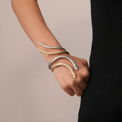 Two-piece exaggerated twisted winding simulated snakes ring and bracelet set with electroplated gold finish