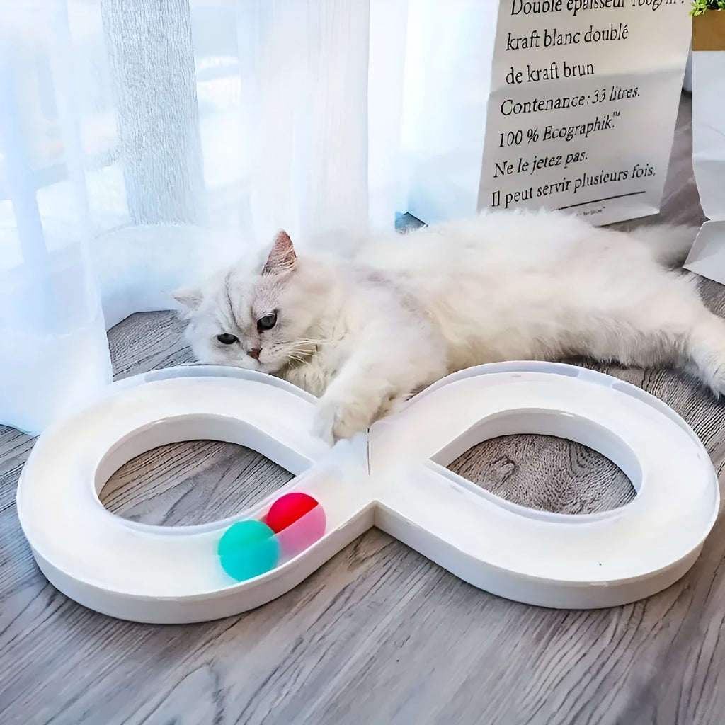 Blue and white cat toy turntable track with ball and teasing stick measuring 50cm length