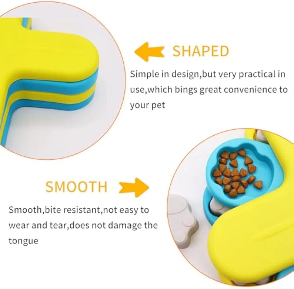Yellow three-layer rotating dog puzzle feeder with claw-shaped lids and anti-slip rubber base