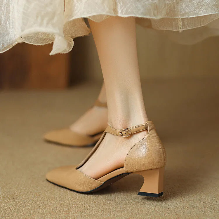 Wine red women's square toe chunky heel shoes with a buckle closure, made from sheepskin leather.
