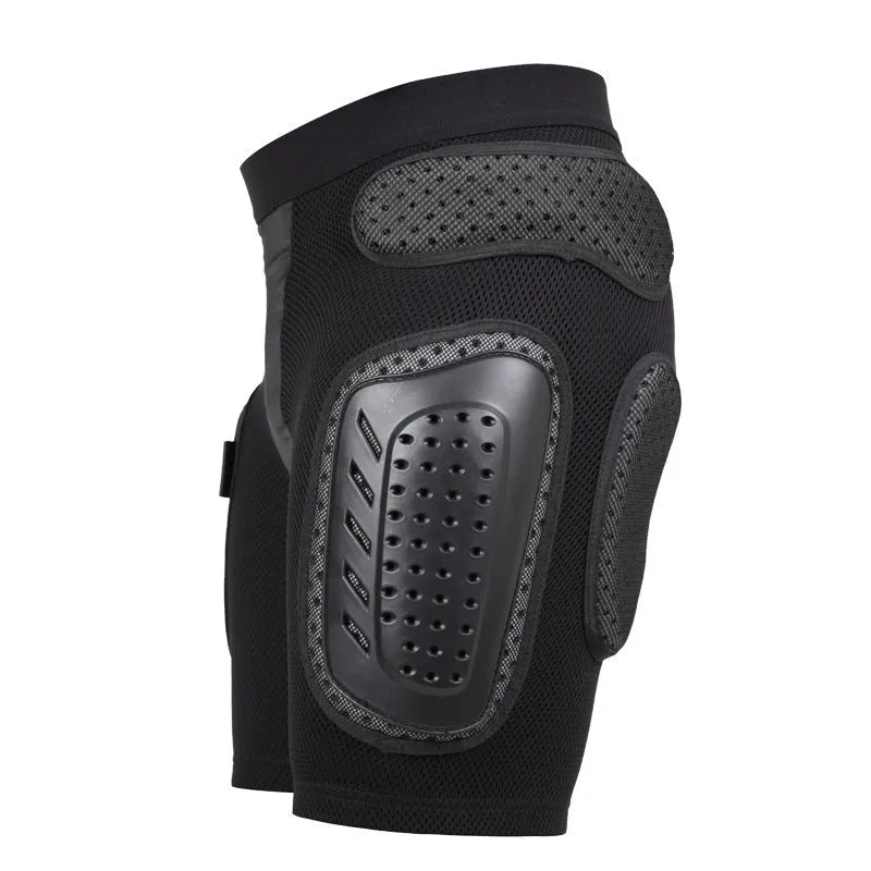 Black cycling hip protection pants with integrated padding for mountain and road biking safety