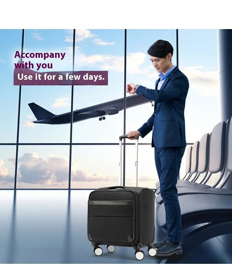 Black 18-inch Oxford cloth cabin suitcase with telescopic handle and universal wheels.