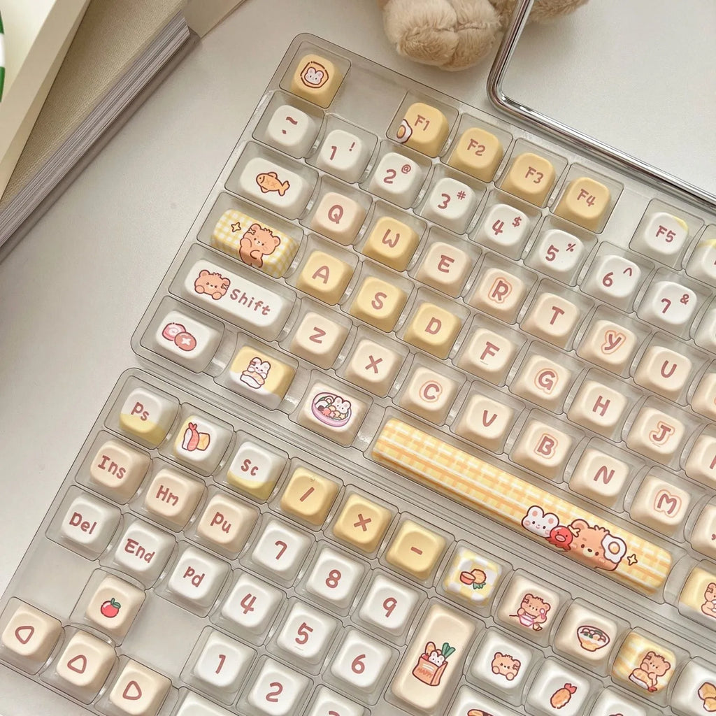 EOA height PBT keycap set with rabbit bear restaurant design, 140 pieces for mechanical keyboard customisation
