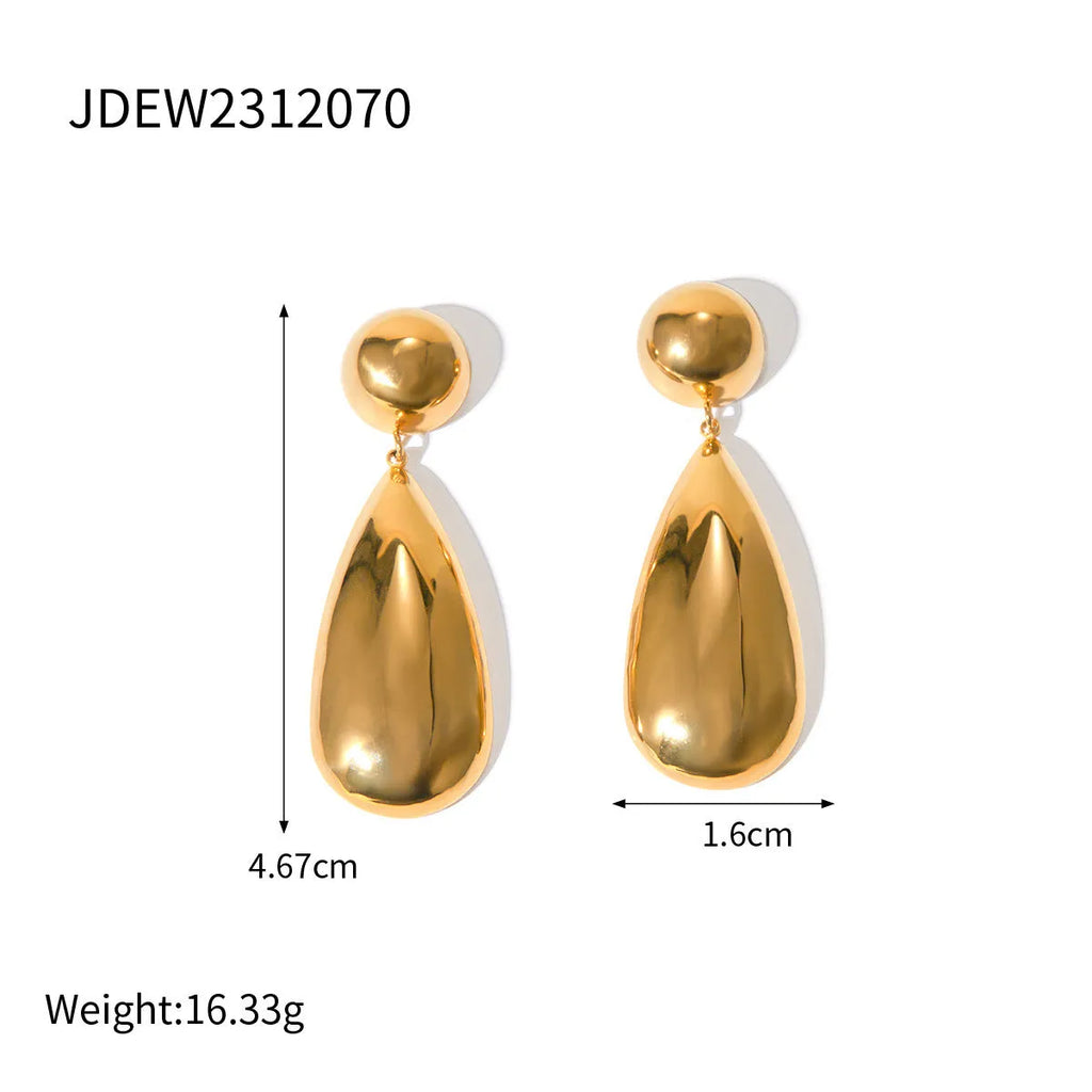 Gold coloured stainless steel earrings with geometric water drop hemisphere pendant design