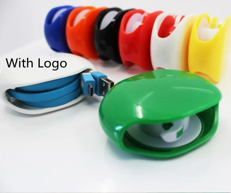 Automatic earphone cable winder retractor in PC ABS plastic, showing compact size and multiple colour options.