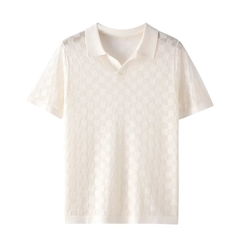 Men's short sleeve business casual sweater with lapels in mulberry silk fabric