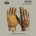 Men's tactical gloves in black, green, and yellow colours showing full finger design with touch screen compatible fingertips