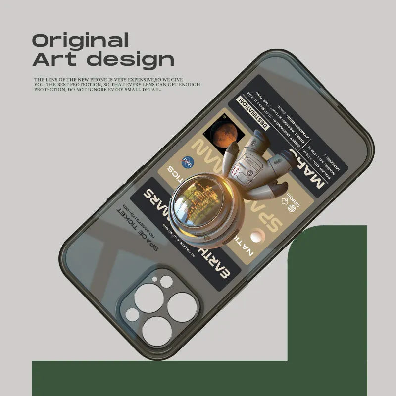 Black TPU iPhone case showing Mars ticket design pattern on back