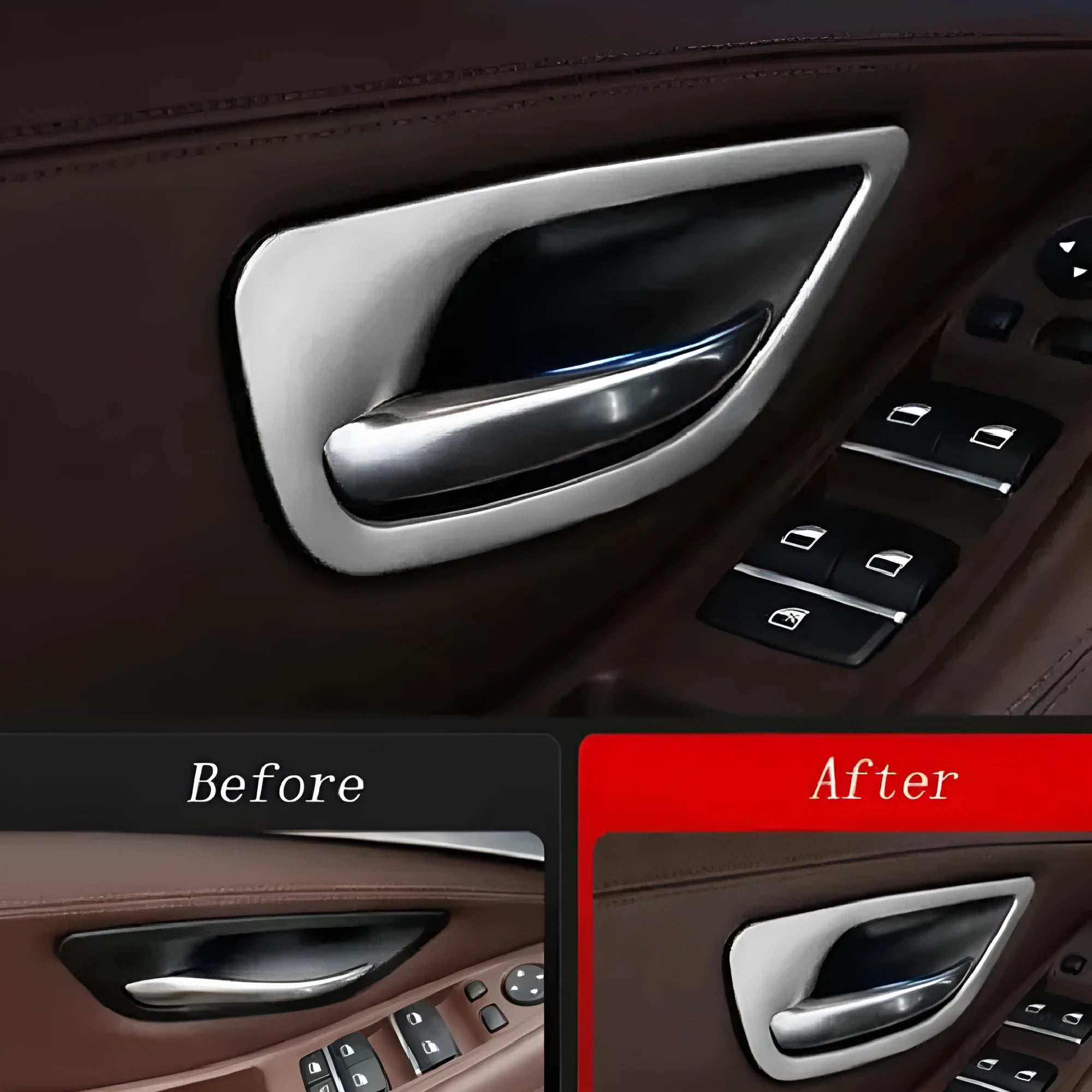 Set of four silver and black decorative trim strips for BMW 5 Series interior door handles.