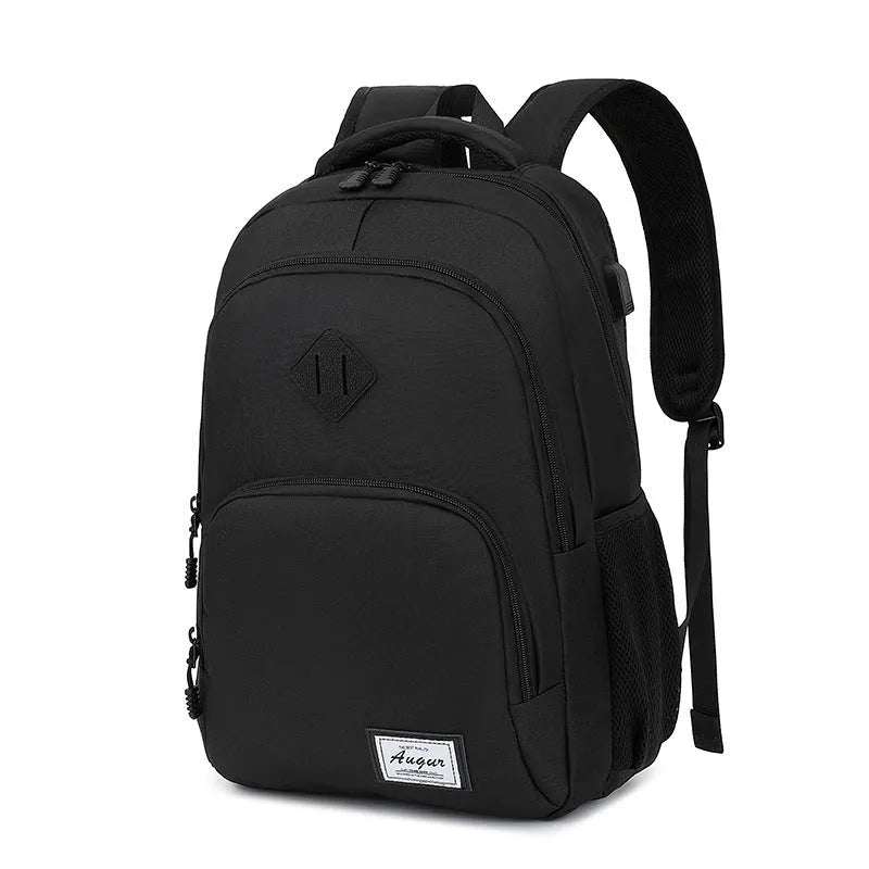 Grey USB charging backpack with trolley sleeve showing dimensions and water-resistant nylon construction