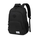 Grey USB charging backpack with trolley sleeve showing dimensions and water-resistant nylon construction