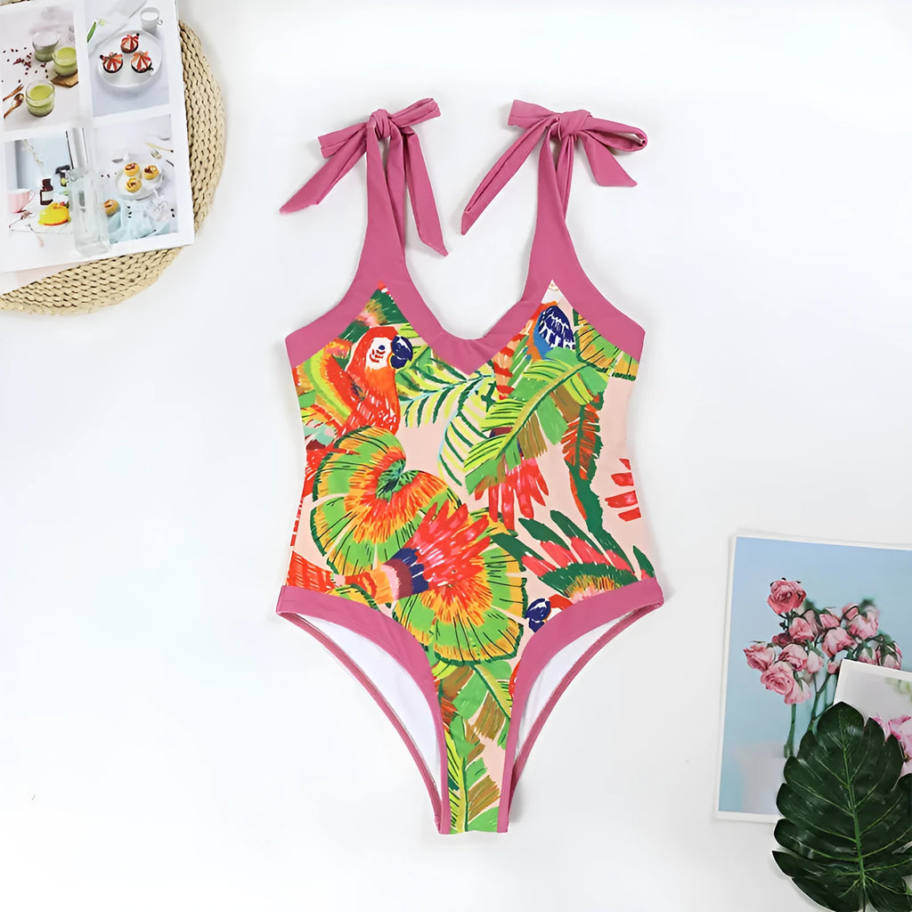 Women's pink floral print retro swimsuit with V-neck and matching skirt