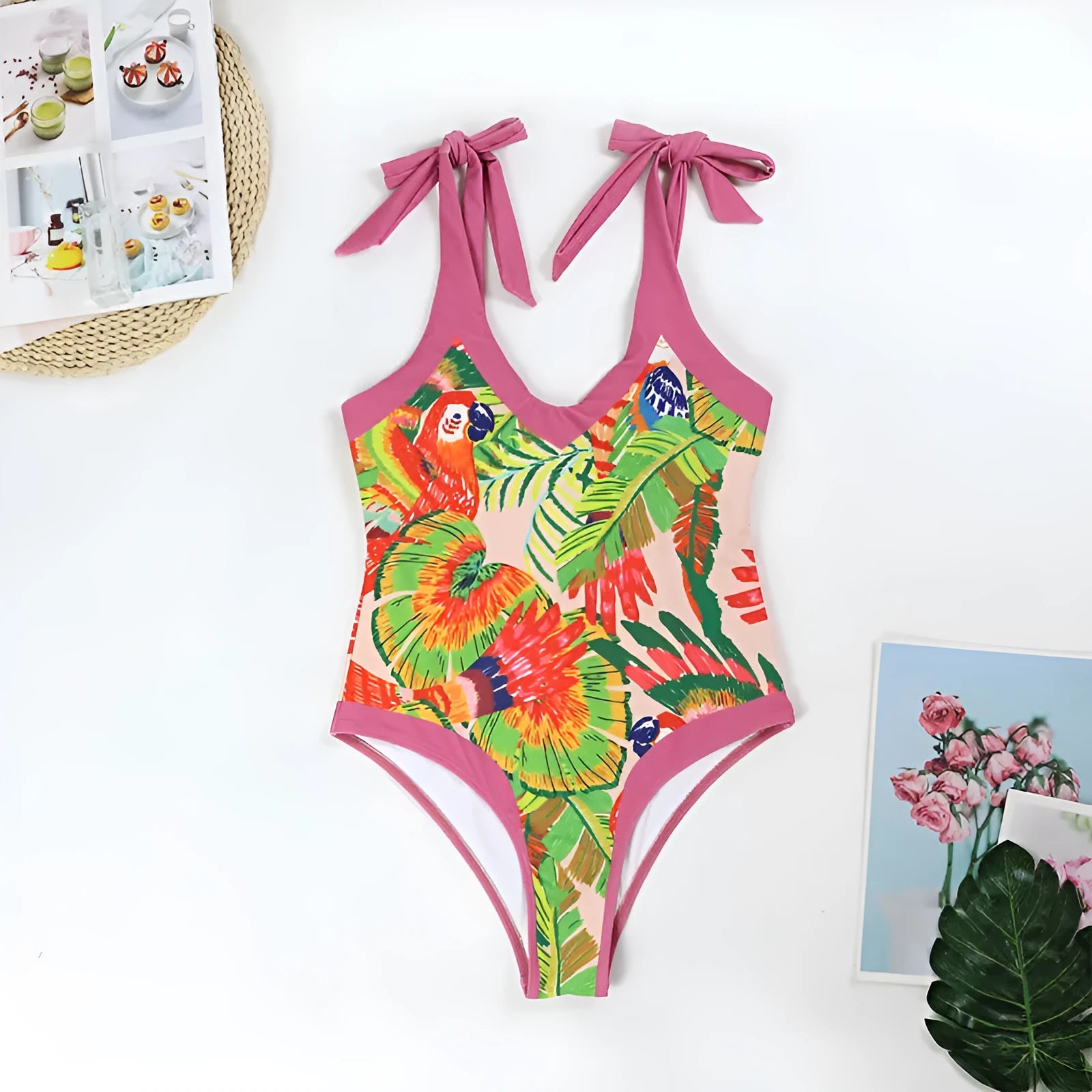 Women's pink floral print retro swimsuit with V-neck and matching skirt