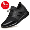 Black men's casual height increasing shoes with a chunky heel and round toe, shown in leather, mesh, and Lycra material options.