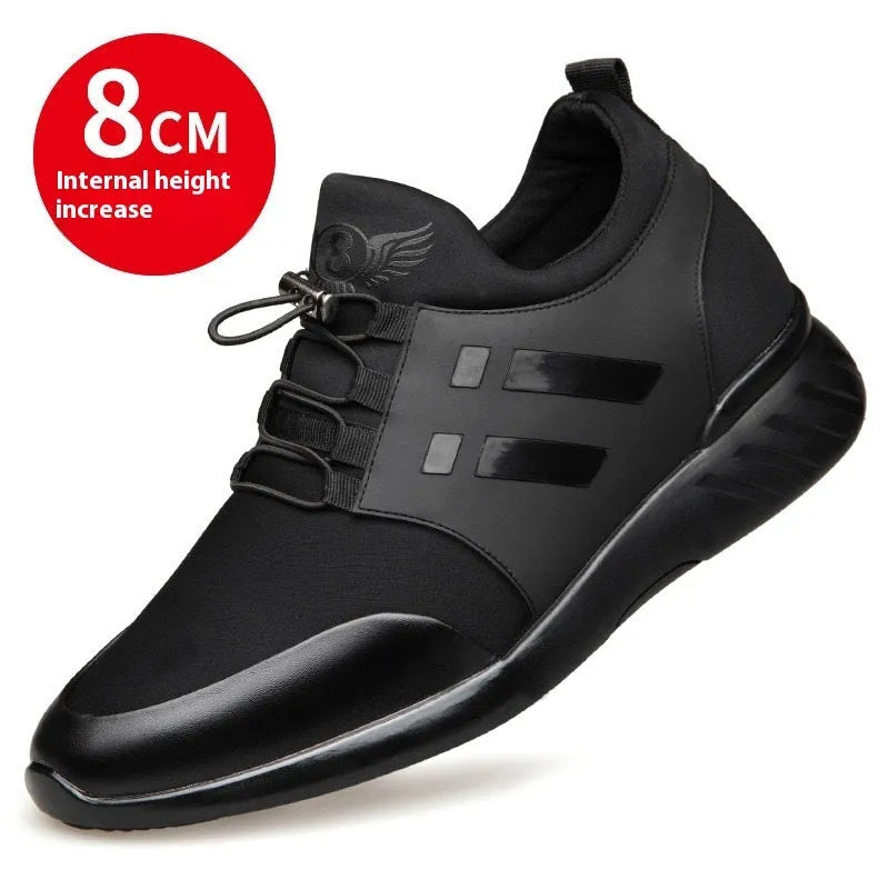 Black men's casual height increasing shoes with a chunky heel and round toe, shown in leather, mesh, and Lycra material options.