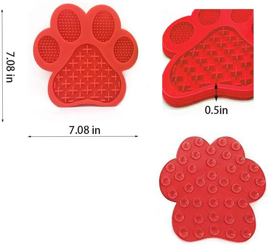 Blue bone-shaped silicone dog licking mat with suction cups on the back for sticking to smooth surfaces.