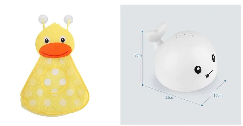 Electric whale bath toy spraying water with flashing LED lights in baby bath
