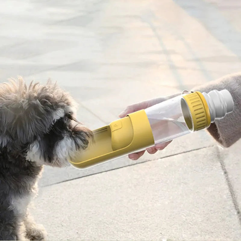 Portable blue dog water bottle with built-in drinking bowl showing measurements