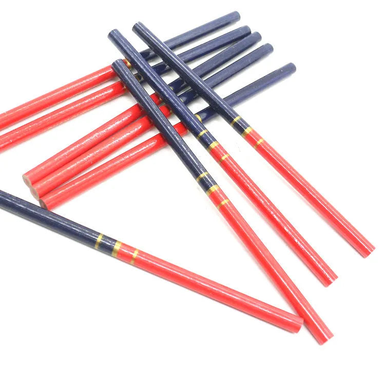 Pack of 10 red and blue two-colour wooden carpenter pencils for marking.