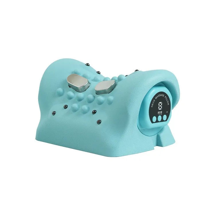 Blue-green portable massage pillow for neck and shoulder with EMS, heat, and vibration functions