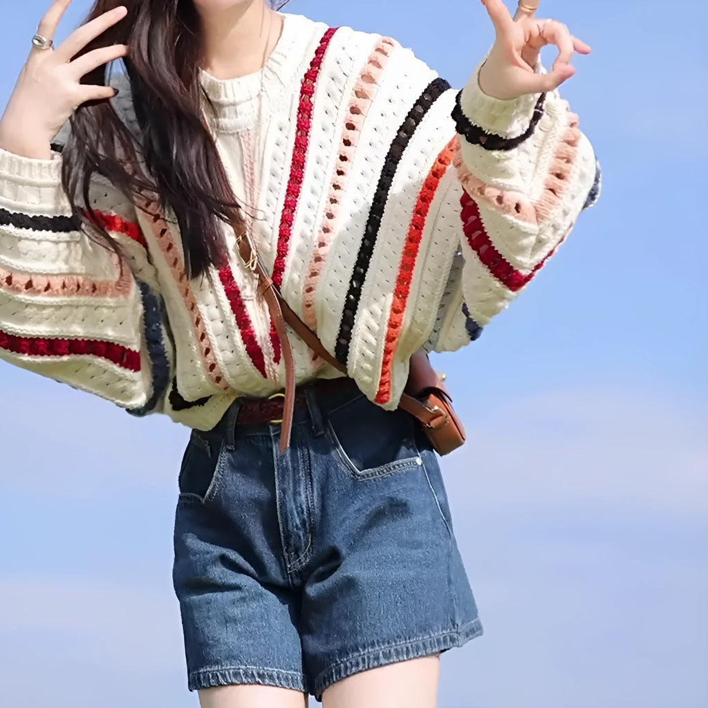 Rainbow striped hollow pattern sweater with batwing sleeves in loose Japanese Korean casual style