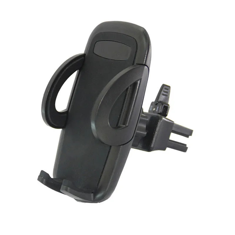 Black mobile phone holder clipped to car air conditioning vent with smartphone mounted