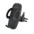 Black mobile phone holder clipped to car air conditioning vent with smartphone mounted