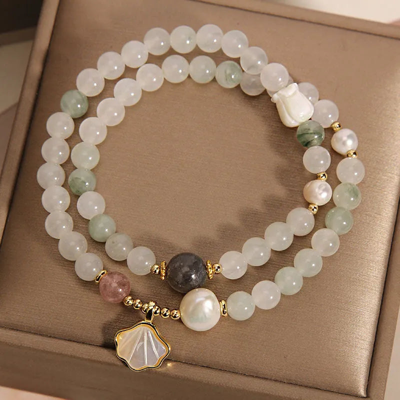 Tianshan jade emerald green crystal bracelet with gold-plated leaf pendant and rhinestone decoration