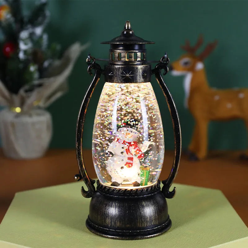 Crystal ball LED oil lamp Christmas decoration with snow globe effect showing detailed figurine scene