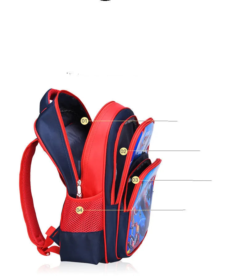 Blue cartoon anime print nylon school backpack with pencil case, shown with open compartment