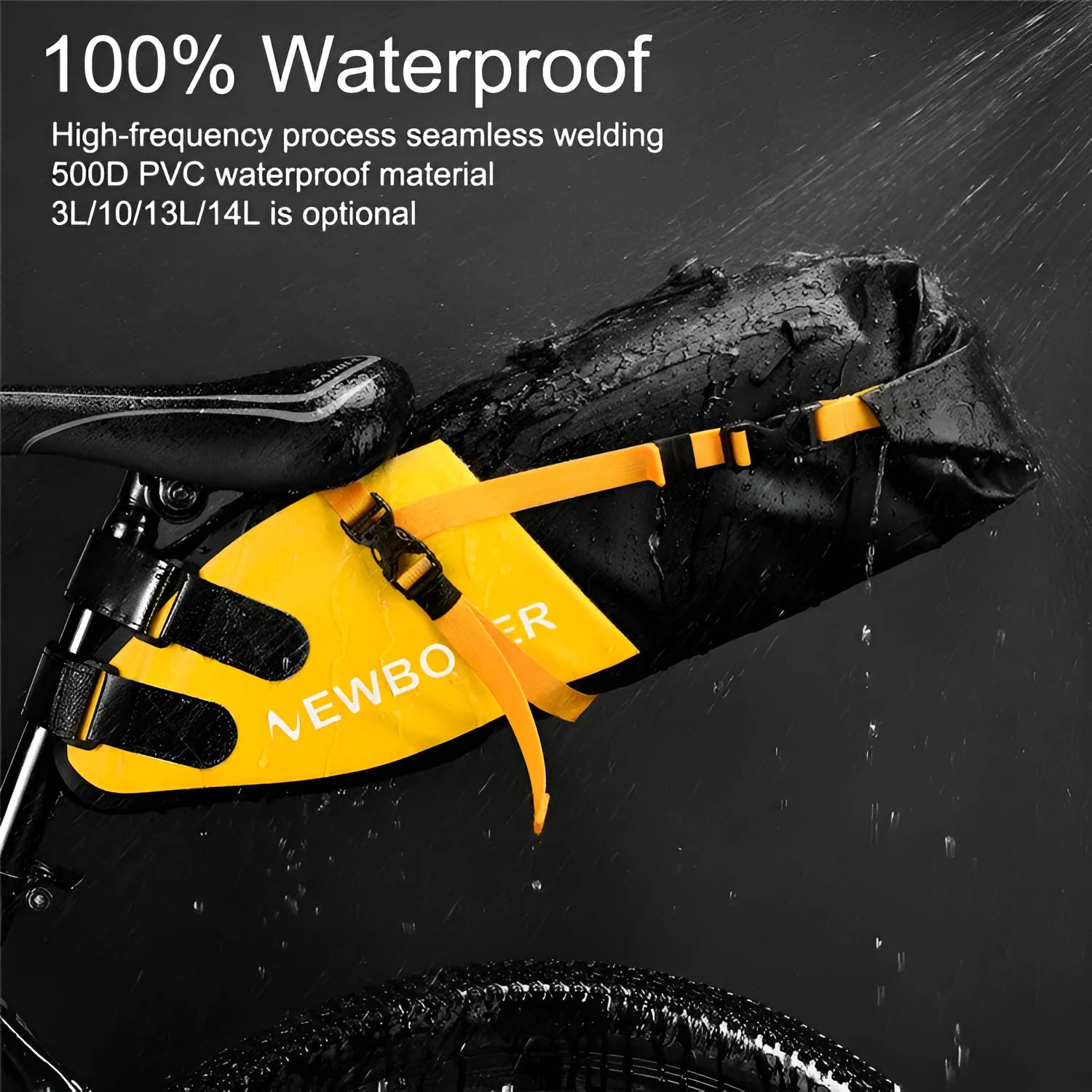 Waterproof PVC bicycle tail bag with 13 litre capacity for cycling equipment storage