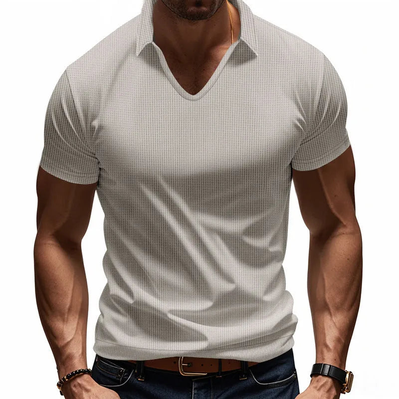 Men's loose fit V-neck short sleeve t-shirt in light grey cotton blend fabric