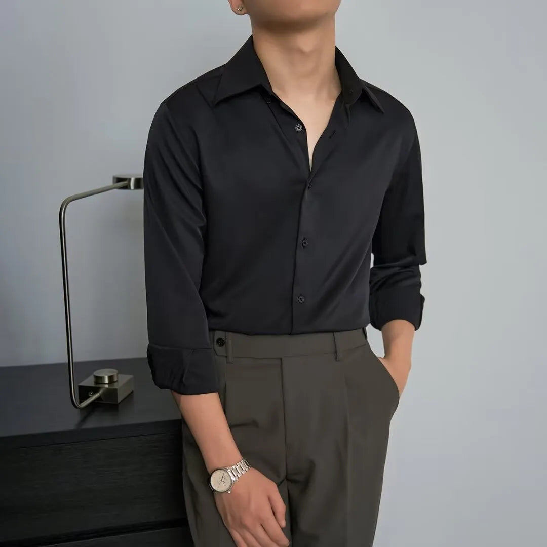 Men's loose fit cardigan-style long sleeve shirt in black colour with Korean fashion design