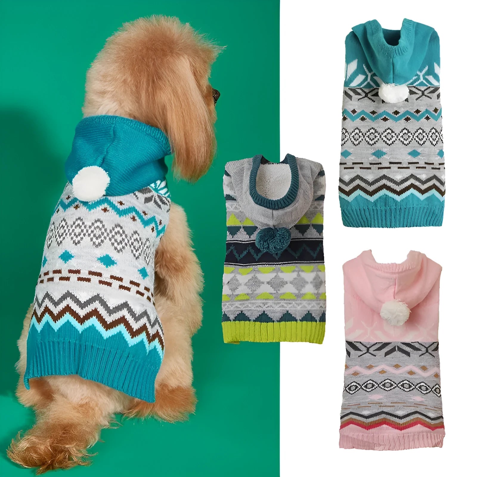 Green diamond pattern knit sweater on a small dog, showing the classic design and fit.