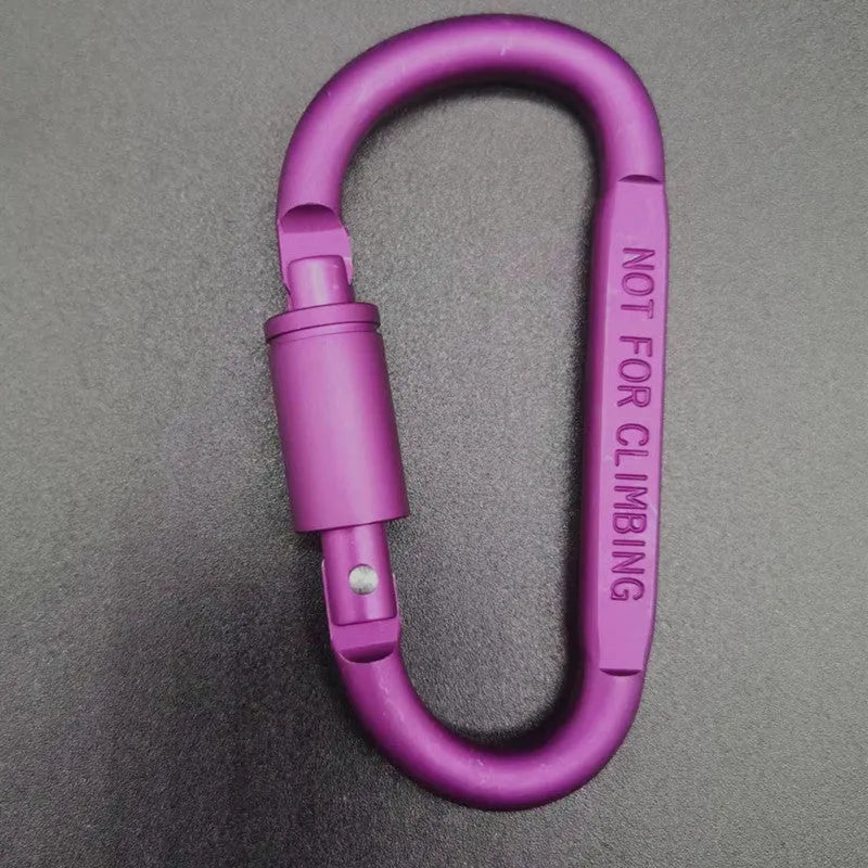 D-type aluminium locking climbing carabiner with screwgate, shown in a bright colour on a grey background.
