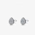 Close-up of women's sterling silver water drop shaped ear studs with diamond cut facets on a white background.