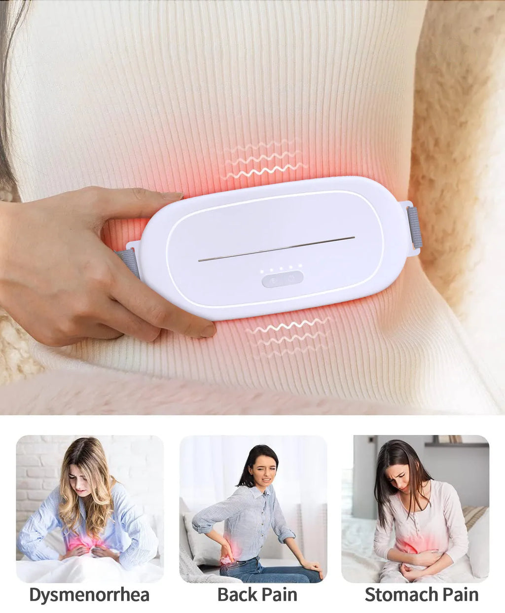 White uterine warming device wrap for postpartum abdominal recovery with USB cable.