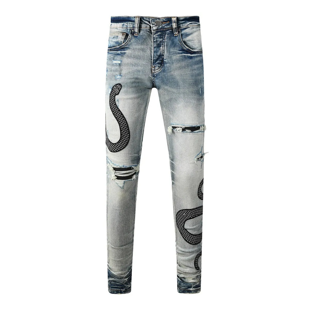 Blue distressed skinny jeans with button fly closure and micro elastic cotton fabric