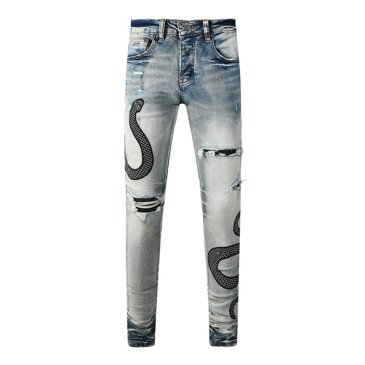 Blue distressed skinny jeans with button fly closure and micro elastic cotton fabric