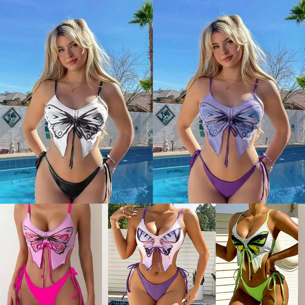 Women's sleeveless split bikini suit in polyester, shown in a colour option like glittering powder or dark green.