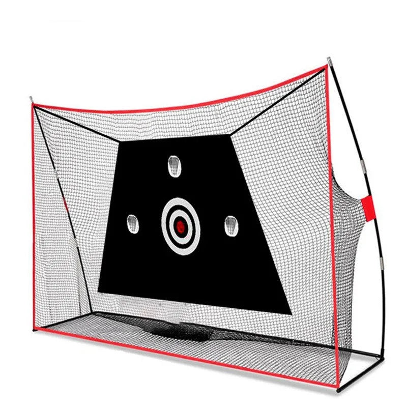 Golf swing wedge training net set with hitting mat and practice balls on grass.