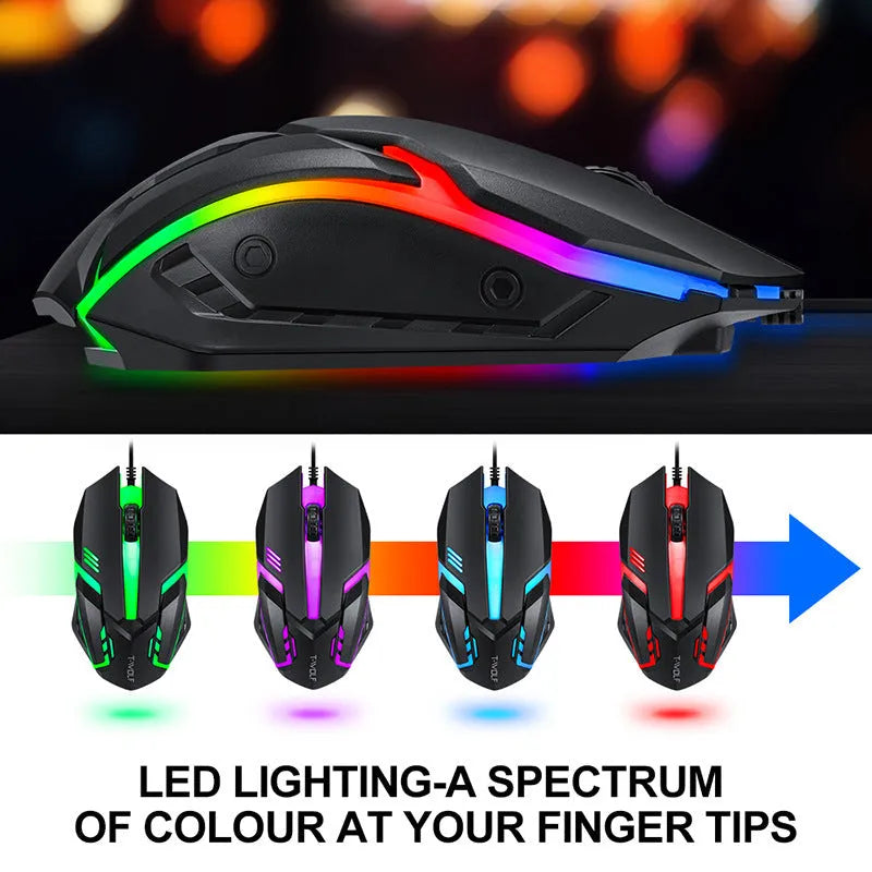 Thunder Wolf T800 wired gaming keyboard and mouse set with USB optical mouse and matching headset on mouse pad