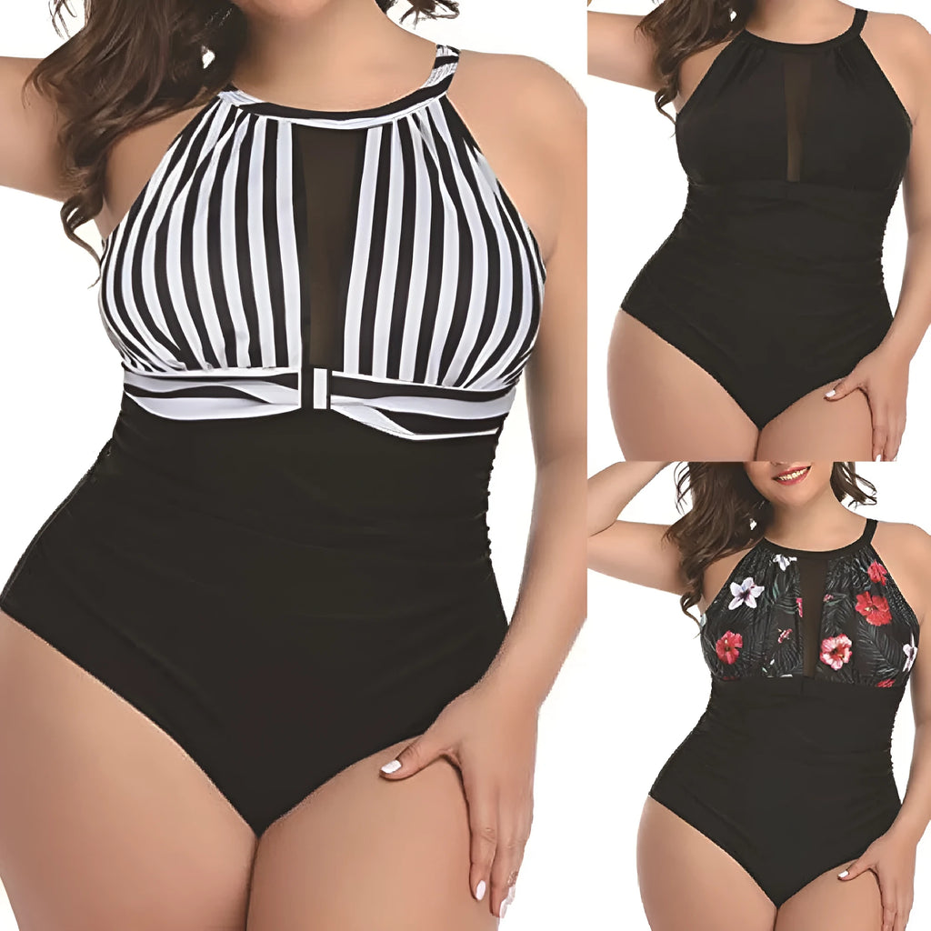 Women's solid colour one-piece swimsuit with lace detail, available in black, stripes, and red flower patterns.