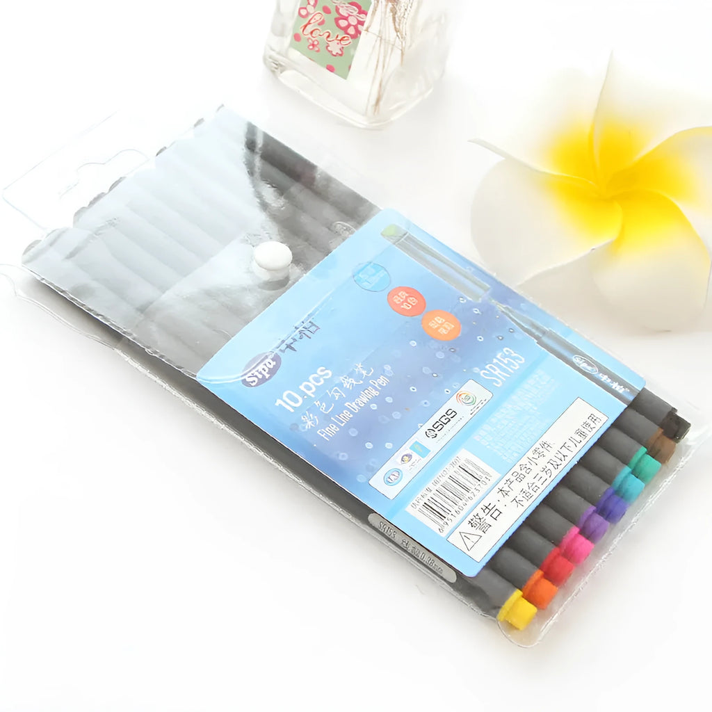 Pack of ten black hook line technical drawing pens with 0.38mm tips.