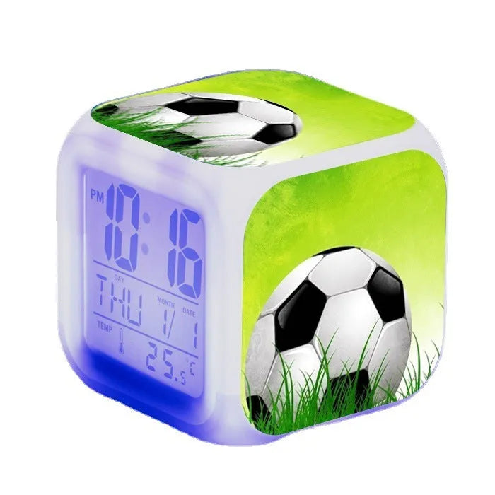 Square football pattern alarm clock with plastic casing and cartoon design for student use