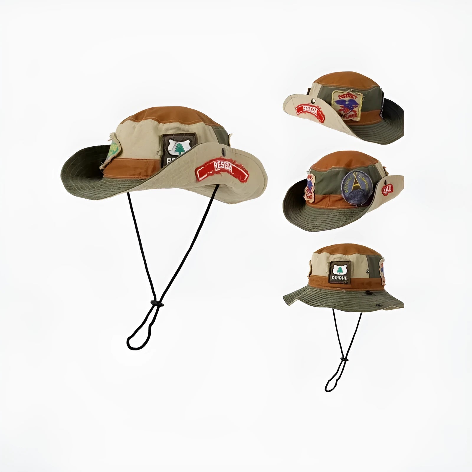 Army green women's cotton fisherman hat with retro patch design and flat top crown