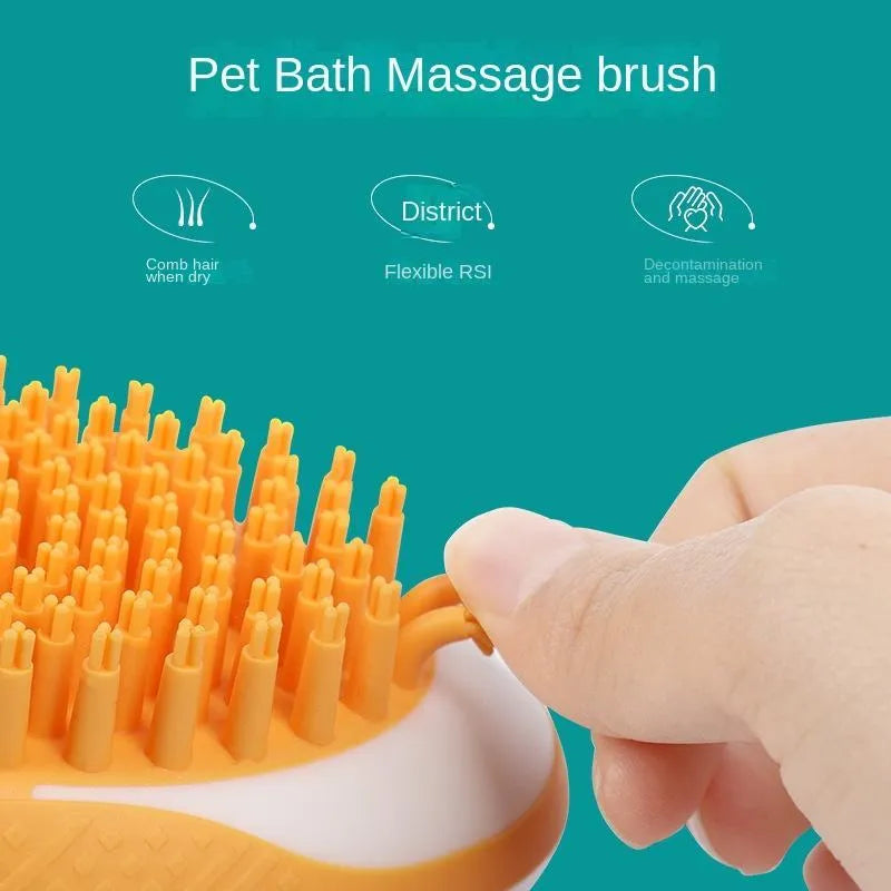 2-in-1 pet bath brush with soft silicone bristles, foam reservoir and non-slip grip in pink, orange or green