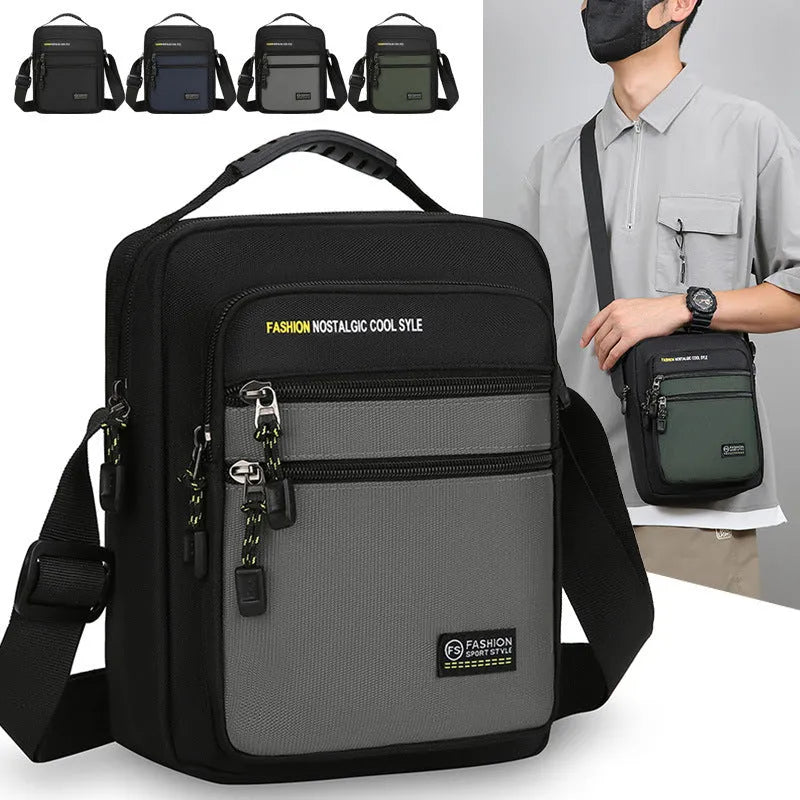 Men's waterproof nylon crossbody bag in green, shown with adjustable strap and sewing thread detail.